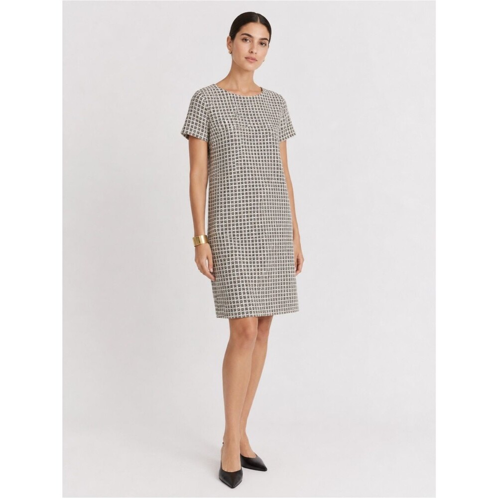 Isaac Mizrahi Black White Geometric Print Shift Dress L Short Sleeve Minimalist